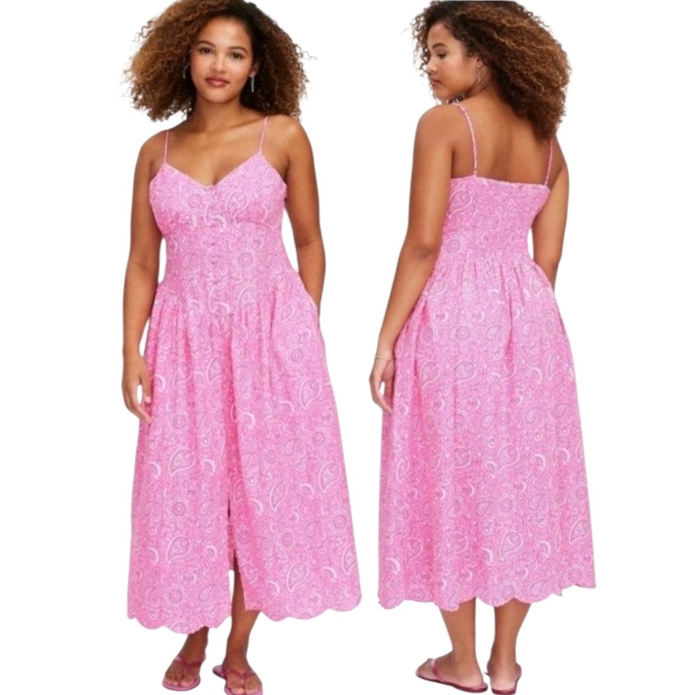 Roller Rabbit Pink Paisley Scalloped Hem Smocked Midi Sundress S BohoCottagecore
